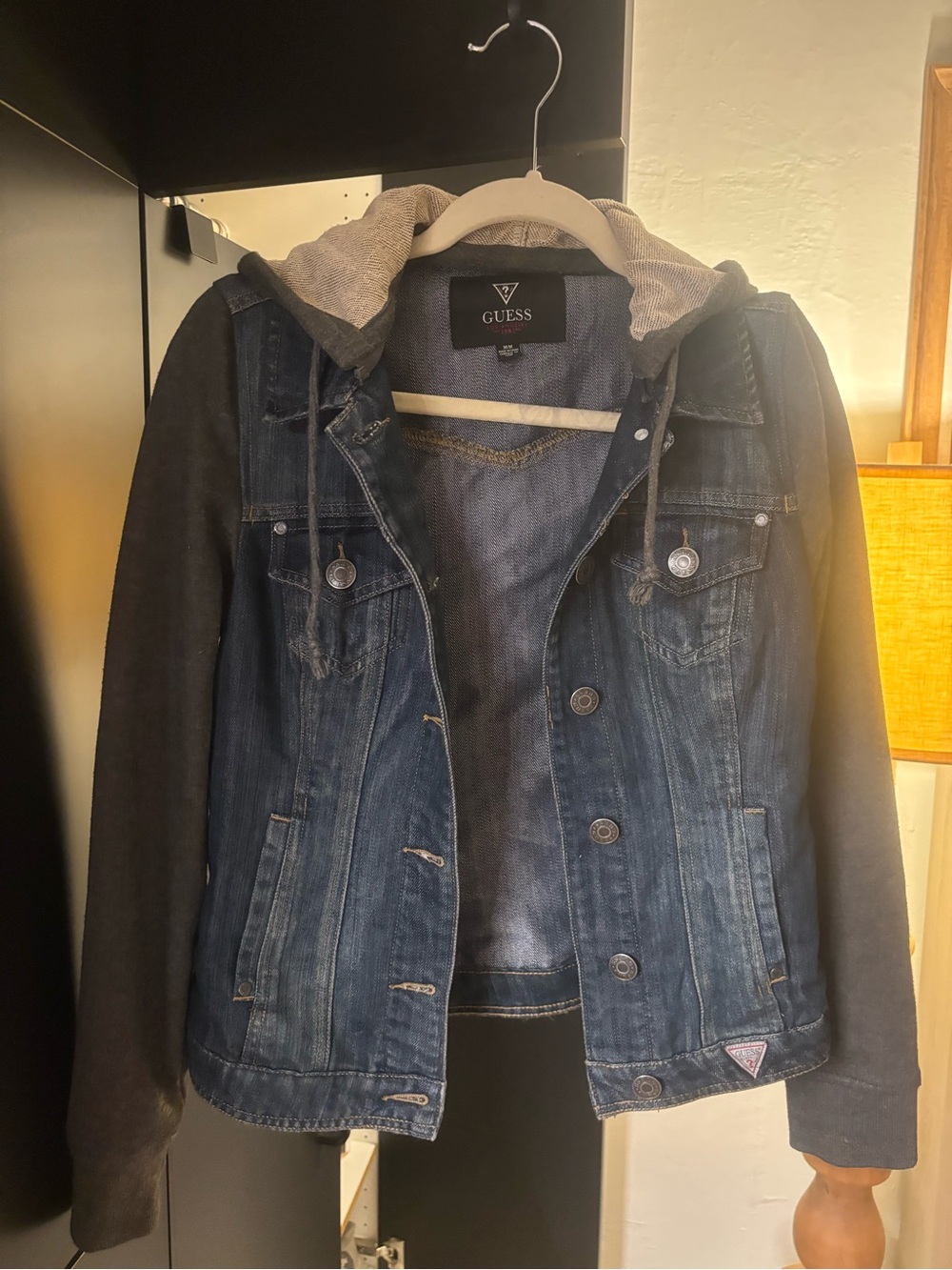 Guess Hooded Denim Jacket with Knit Sleeves Women's M